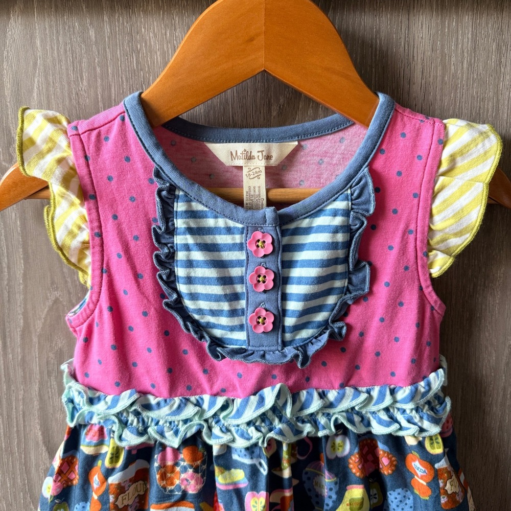 Matilda Jane Little Sweetie Dress 18-24M Pink Blue Mixed Print Ruffle Tea Party - Picture 4 of 6